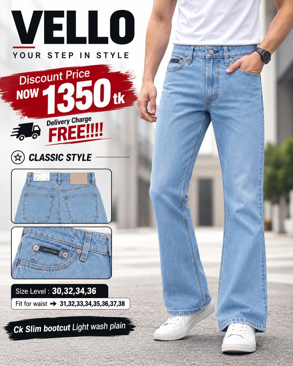 Calvin Klein (CK)Slim bootcut Light wash plain